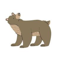 Cute brown bear in cartoon style stands and looks up. Vector isolated illustration with an animal.