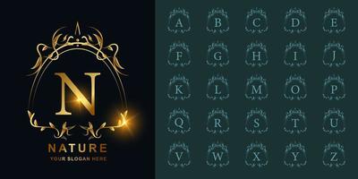 Letter N or collection initial alphabet with luxury ornament floral frame golden logo template. vector