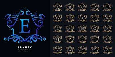 Letter E or collection initial alphabet with luxury ornament floral frame golden logo template. vector