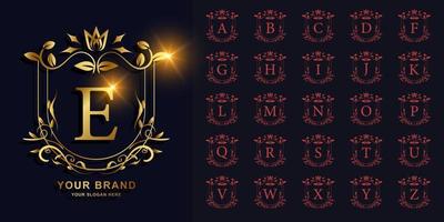 Letter E or collection initial alphabet with luxury ornament floral frame golden logo template. vector