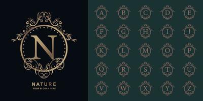 Letter N or collection initial alphabet with luxury ornament floral frame golden logo template. vector