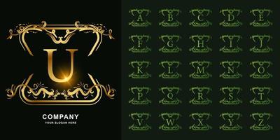 Letter U or collection initial alphabet with luxury ornament floral frame golden logo template. vector