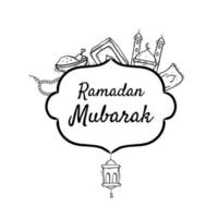 Ramadan Mubarak Illustration With Mosque And Lantern Concept. Hand Drawn Sketch Style vector