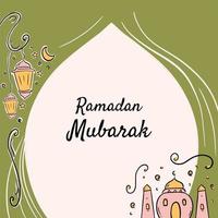 Ramadan Mubarak Illustration With Mosque And Lantern Concept. Hand Drawn Sketch Style vector