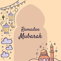 Ramadan Mubarak Illustration With Mosque And Lantern Concept. Hand Drawn Sketch Style vector