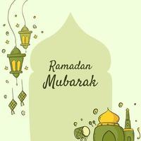 Ramadan Mubarak Illustration With Mosque And Lantern Concept. Hand Drawn Sketch Style vector