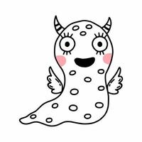 Cute monster with smile and wings. Funny snail. Vector doodle illustration for child. Contour drawing in hand drawn style.