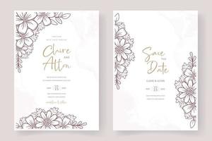 Wedding invitation template with floral outline decoration vector