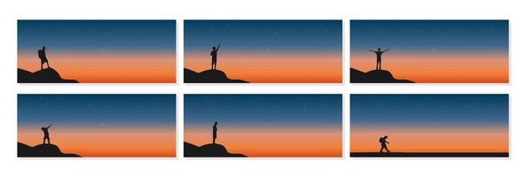 Set of Traveler standing on top of a mountain with sunset background vector