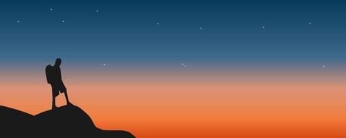 Traveler standing on top of a mountain with sunset background vector