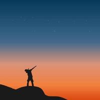 Traveler standing on top of a mountain with sunset background vector