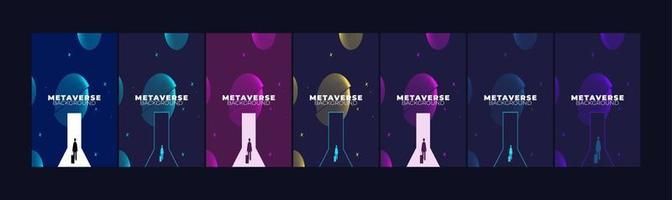 Set of Businessman Start and Steps into Future Door. Moving Forward to New Technology, Blockchain and the Next Layer of the Internet Concepts. Futuristic Tone vector