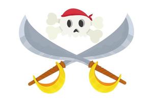 Pirate skull in bandana and crossed swords, sabers in cartoon style isolated on white background. Dangerous symbol, funny emblem. Ui game asset. Vector illustration