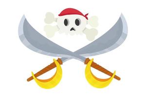 Pirate skull in bandana and crossed swords, sabers in cartoon style isolated on white background. Dangerous symbol, funny emblem. Ui game asset. Vector illustration