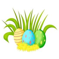 huevos de pascua decorados con hierba y flores de diente de león en estilo de dibujos animados aislados en fondo blanco. imágenes prediseñadas de primavera, enclavado. nueva vida. ilustración vectorial vector