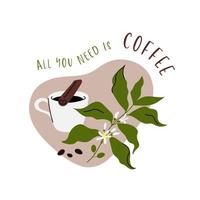composición de café con taza, granos de café y canela. café orgánico, estilo dibujado a mano. vector