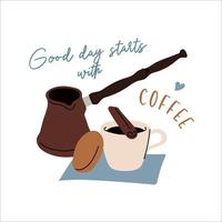 Coffee composition with copper, cup, cookie and cinnamon stick. vector