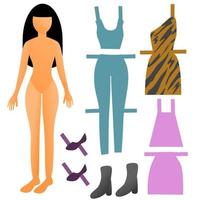 Beautiful modern paper doll with set of clothes. vector