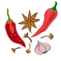 Red chili pepper, hot spice for food. set of spices - cloves, anise stars, chili pepper, garlic. vector drawings in the doodle style. organic product for farmer's market, farm design, local store