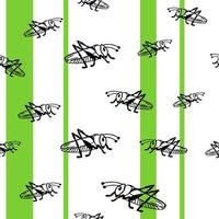 grasshopper, locust in the style of doodles, insect. Seamless pattern with doodles of grasshoppers on white background with green stripes. vector illustration sketch. isolated, side view of animals.