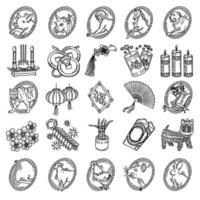 accesorios y símbolos de año nuevo chino conjunto icono vector doodle dibujado a mano o estilo de icono de contorno.