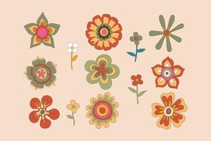 pegatinas hippie retro hippie grueso de arte lineal simple, elementos de paquete de conjunto maravilloso psicodélico. iconos antiguos al estilo de los años 70-80. ilustración vectorial plana, plantillas de diseño con flores, hojas. vector