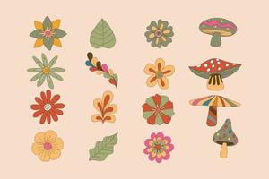 Simple Linear Art chunky Hippie Retro hippie stickers, psychedelic groovy set bundle elements. vintage icons in 70s-80s style. Flat vector illustration, design templates with flowers, leaf.