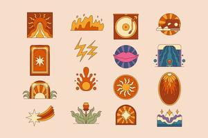 Simple Linear Art chunky Hippie Retro hippie stickers, psychedelic groovy set bundle elements. vintage icons in 70s-80s style. Flat vector illustration, design templates with rainbow, sun.