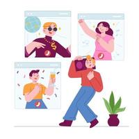 Online Party concept vector Illustration idea for landing page template, meeting to celebrate event in video call, congratulate friends, collagues or family in festive, Happy conversation, flat style