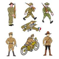 conjunto de dibujos animados de soldado de la primera guerra mundial vector