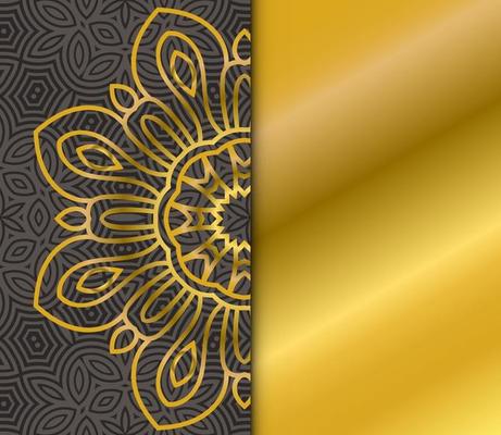 Cute gold Mandala card with striped pattern. Ornamental round doodle flower isolated on dark background. Geometric decorative ornament in ethnic oriental style.