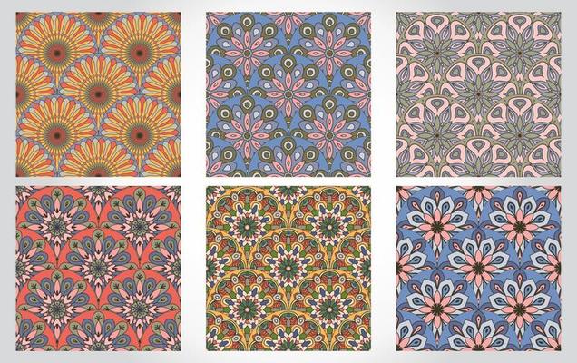 Set of abstract mandala fish scale seamless patterns. Ornamental tile, mosaic backgrounds. Floral patchwork infinity cards. Arabic, Indian, ottoman motifs.