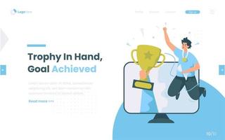 A man with trophy goal achieved flat design concept vector