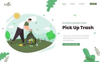 Picking up trash illustration on landing page template vector