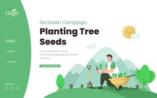 Planting tree seeds illustration on landing page template vector