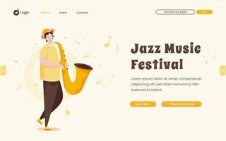 A man blows saxophone flat design on landing page template vector