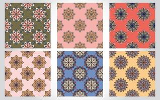 Set of abstract seamless pattern with mandala flowers. Mosaic, tile, polka dot collection of floral backgrounds. vector