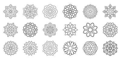 gran conjunto de flores punteadas redondas ornamentales aisladas sobre fondo blanco. mandalas de medios tonos negros. colección de elementos de círculo geométrico. vector