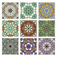 conjunto de patrones sin fisuras abstractos con flores de mandala. mosaico, azulejo, lunares. colección de fondos florales. vector