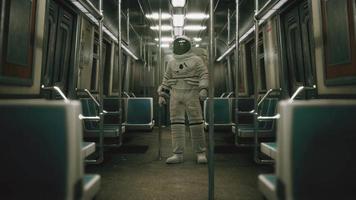 Astronaut Inside of the old non-modernized subway car in USA video