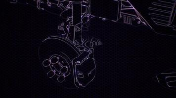 Holographic animation of 3D wireframe car model with engine video