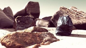 bolsa de basura de plástico negro llena de basura en la playa