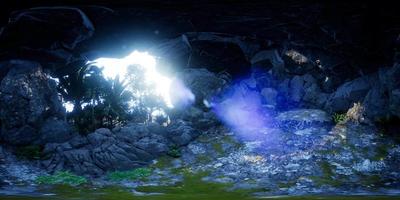 caméra vr 360 se déplaçant à l'intérieur d'une grotte tropicale dans la jungle avec palmiers et lumière du soleil. réalité virtuelle video