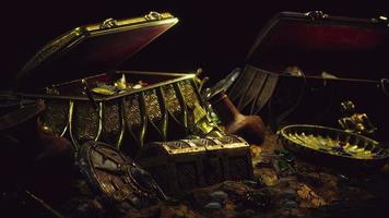 treasures in a dark cave with coins diamonds and gold video