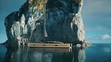 yacht dans la mer avec une île rocheuse verdoyante video