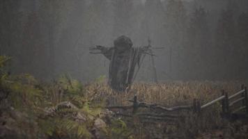 terrible scarecrow in dark cloak and dirty hat stands alone in autumn field