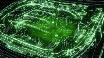 Holographic animation of 3D wireframe car model with engine video