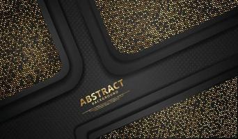 Luxury black overlap layers background with golden line effect. Realistic halftone dots on textured dark background vector