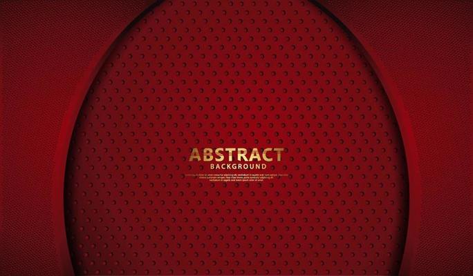 Luxury dark red overlap layers background with golden line effect. Realistic halftone dots on textured dark background