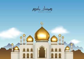 Beautiful Islamic illustration with Arabic calligraphy and gold mosque. Realistic Ramadan Kareem greeting card with daylight view vector